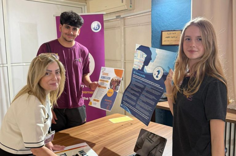 IBDP students at LWIS-AiS Upper Campus presenting and discussing their projects during the Gallery Walk in Lebanon.