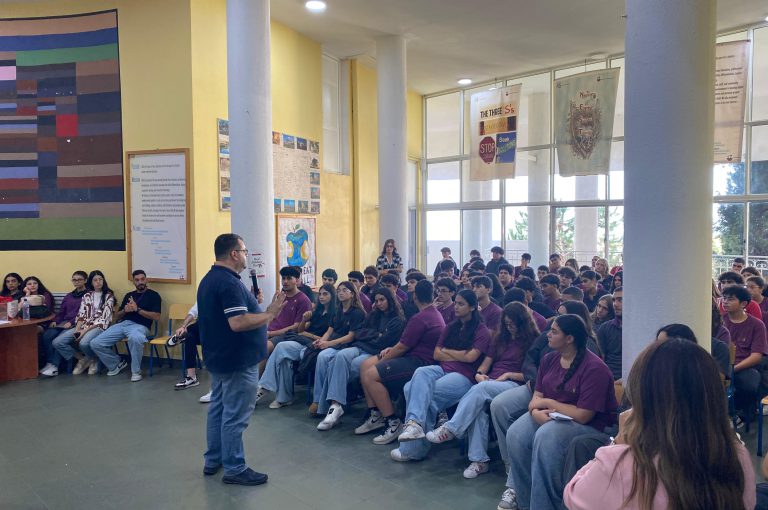 “Senior students attending a JCD (Jeunesse Contre Drogue) awareness session at LWIS-AiS, Keserwan, Lebanon – presentation on the dangers of smoking and drug use with a powerful testimony from a former addict.”