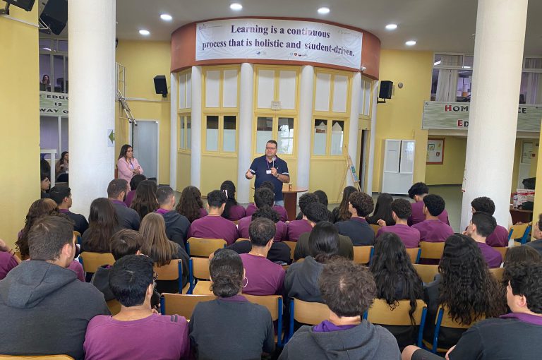 “Senior students attending a JCD (Jeunesse Contre Drogue) awareness session at LWIS-AiS, Keserwan, Lebanon – presentation on the dangers of smoking and drug use with a powerful testimony from a former addict.”