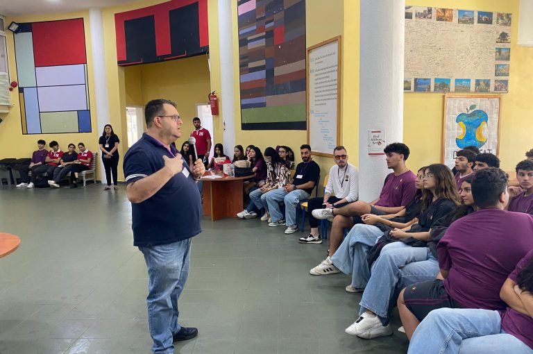 “Senior students attending a JCD (Jeunesse Contre Drogue) awareness session at LWIS-AiS, Keserwan, Lebanon – presentation on the dangers of smoking and drug use with a powerful testimony from a former addict.”