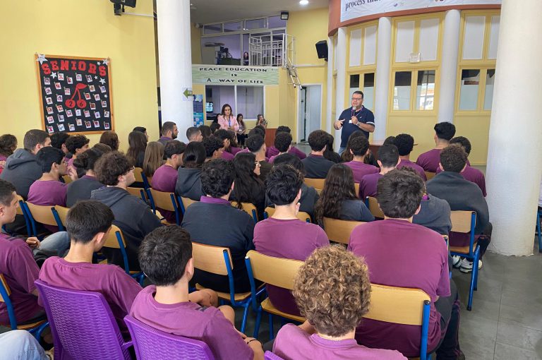 “Senior students attending a JCD (Jeunesse Contre Drogue) awareness session at LWIS-AiS, Keserwan, Lebanon – presentation on the dangers of smoking and drug use with a powerful testimony from a former addict.”