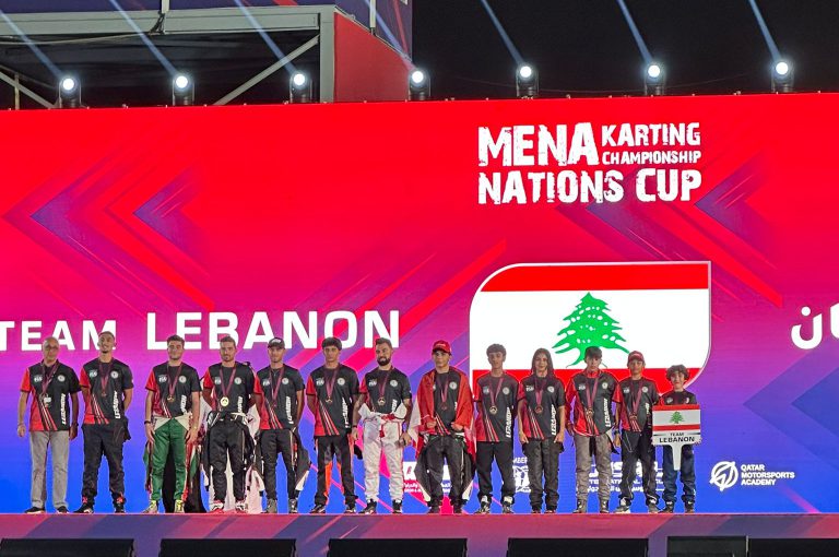 Alex Noah Mghabghab from LWIS-AiS holding his trophy after winning 1st place at the MENA Karting Competition in Qatar – representing Lebanon with pride.