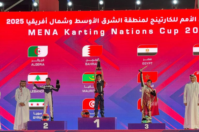 Alex Noah Mghabghab from LWIS-AiS holding his trophy after winning 1st place at the MENA Karting Competition in Qatar – representing Lebanon with pride.