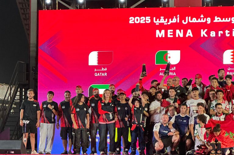 Alex Noah Mghabghab from LWIS-AiS holding his trophy after winning 1st place at the MENA Karting Competition in Qatar – representing Lebanon with pride.