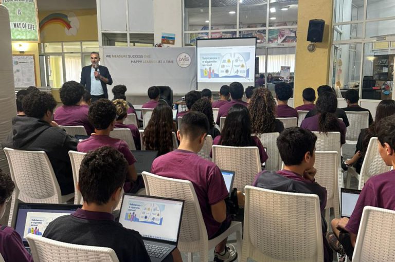 Middle school students attending an interactive ‘Clear Lungs, Clear Future’ session with Dr. Carlos Noujeim at LWIS-AiS, Keserwan, Lebanon – learning about the dangers of smoking and healthy living.