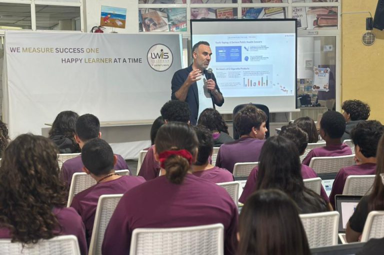 Middle school students attending an interactive ‘Clear Lungs, Clear Future’ session with Dr. Carlos Noujeim at LWIS-AiS, Keserwan, Lebanon – learning about the dangers of smoking and healthy living.
