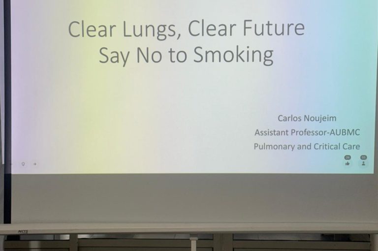 Middle school students attending an interactive ‘Clear Lungs, Clear Future’ session with Dr. Carlos Noujeim at LWIS-AiS, Keserwan, Lebanon – learning about the dangers of smoking and healthy living.