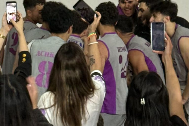 Team huddle showing unity, determination, and school spirit before winning the Round of 16 basketball match and qualifying for the Quarter Finals of the Lebanese School Basketball Championship.