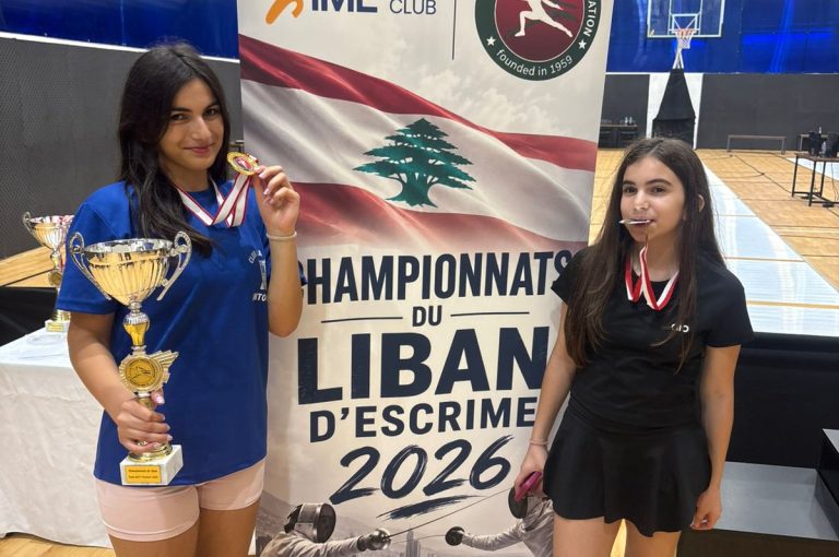 Daisy and Wendy proudly display their medals after their outstanding performances at the Lebanese Épée Championships while representing Club La Tour Aintoura.