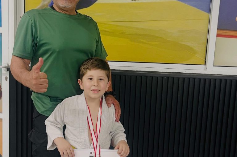 Young judo champion Vicken Margossian proudly celebrates his first-place victory in the Lebanese Judo Championship for the 2018–2019 age category, displaying confidence, sportsmanship, and dedication while representing Lebanon. 🥇🥋
